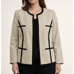 Jones Studio 16W Beige Black Trim Blazer Jacket Open Front Career Classic